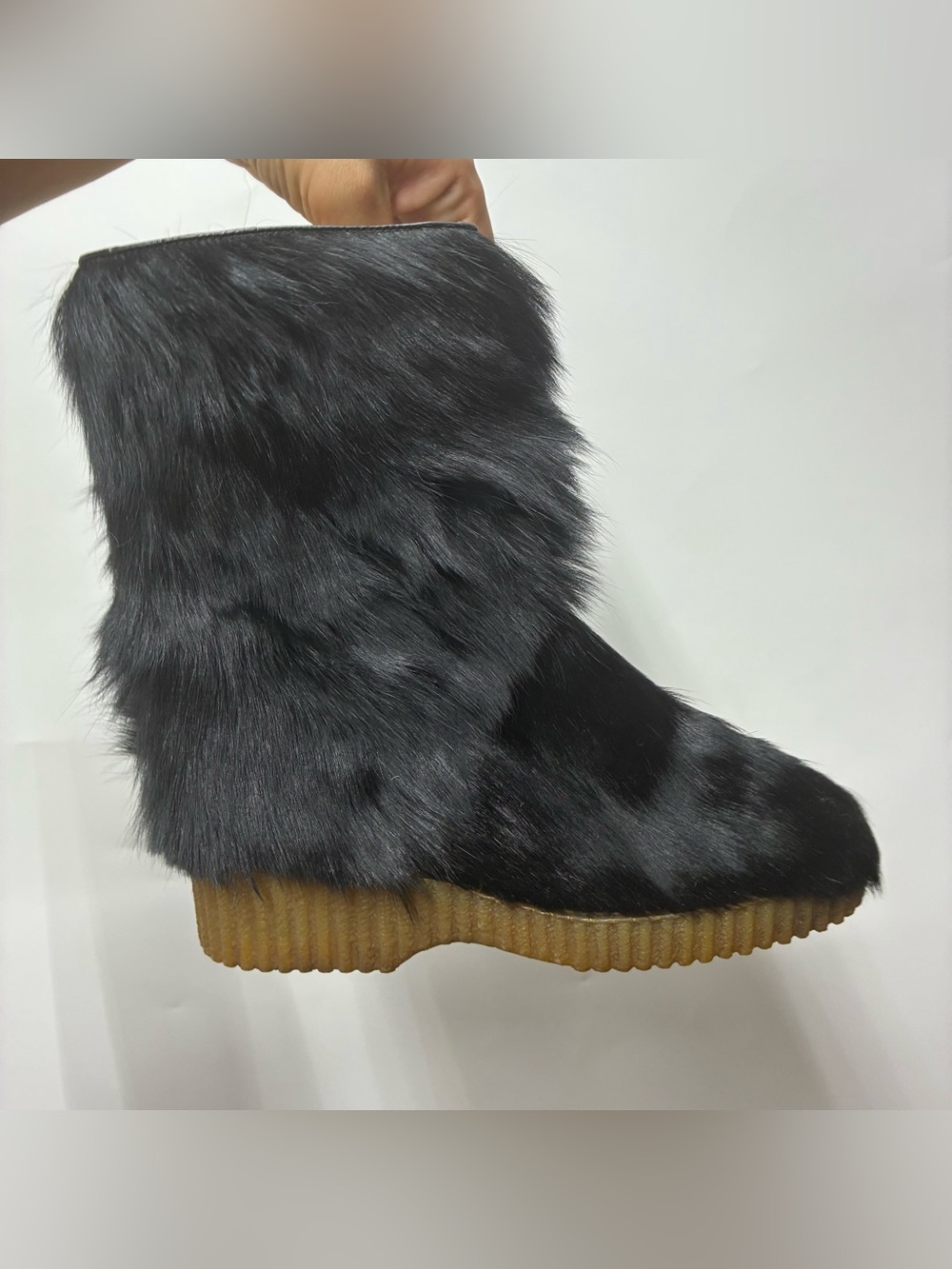Vintage 70s EU 37 US 6.5 Black Real Fur Winter Boots Chunky Platform Black